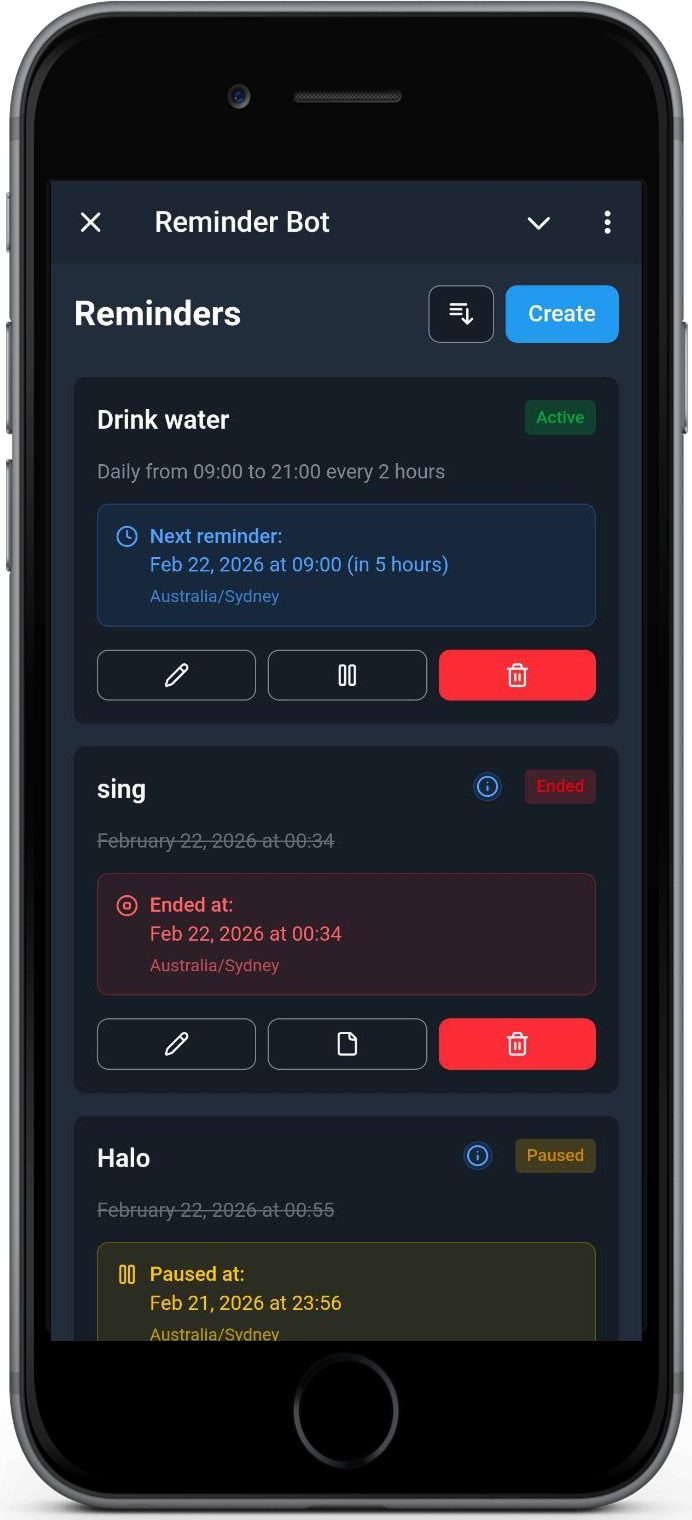 KindlyRemindly reminder list with status badges